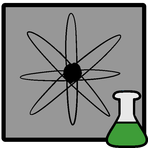 A cartoon atom in a frame with a green beaker in the corner.